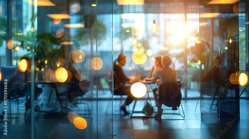 Fototapeta premium Business team having meeting in modern office with glassy blurred background with bokeh