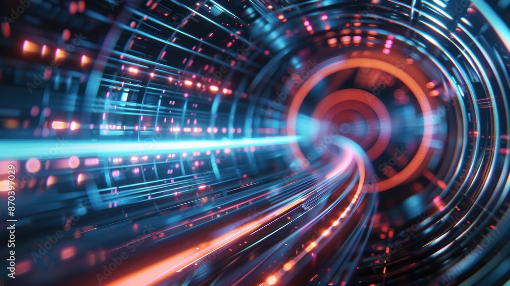 Obraz premium Cyber dimension entry, swirling 3D polygon vortex, neon gateway, tech-inspired art