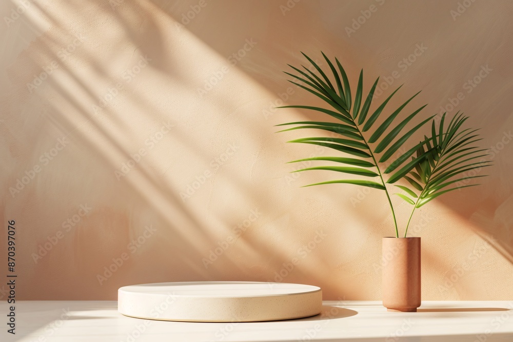 a plant in a vase next to a round platform a plant in a vase next to a round platform