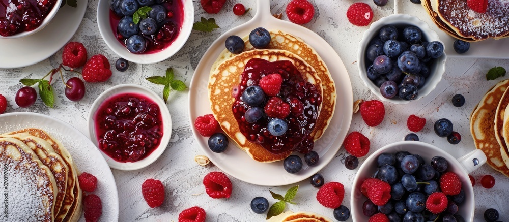 A top-down view of pancakes adorned with jam and berries on a table, with focused attention and room for text or images. copy space available A top-down view of pancakes adorned with jam and berries on a table, with focused attention and room for text or images. copy space available