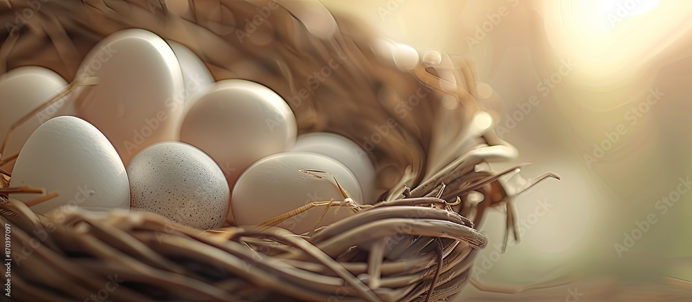 Basket made of wicker showcasing freshly laid eggs, copy space image available. Basket made of wicker showcasing freshly laid eggs, copy space image available.