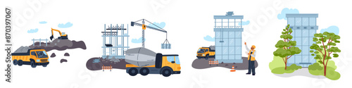 Several stages of building construction. Digging pit with excavator truck. Concrete frame loading. Surrounding area landscaping. Worker controls build process. Garish vector concept