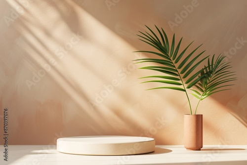 a plant in a vase next to a round platform