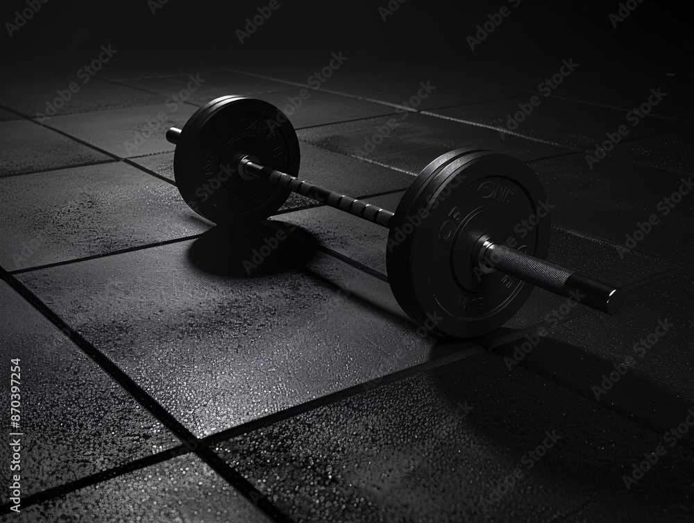 a barbell on a black floor a barbell on a black floor