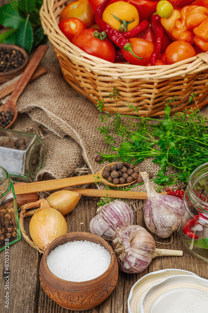 Preserved season vegetable concept. Harvest of tomato, chili, greens, onion and garlic