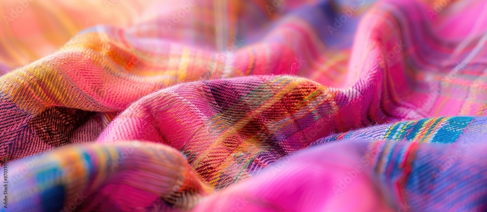 Obraz premium Close-up fashionable multicolored plaid tweed fabric with a pink clothes background, suitable for text placement in the copy space image.