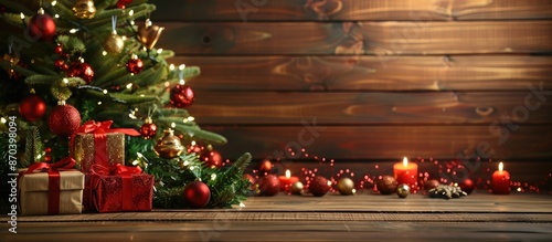 Home decoration with Christmas gift boxes and a Christmas tree beautifully arranged on a wooden table, creating a festive atmosphere. Copy space image available.