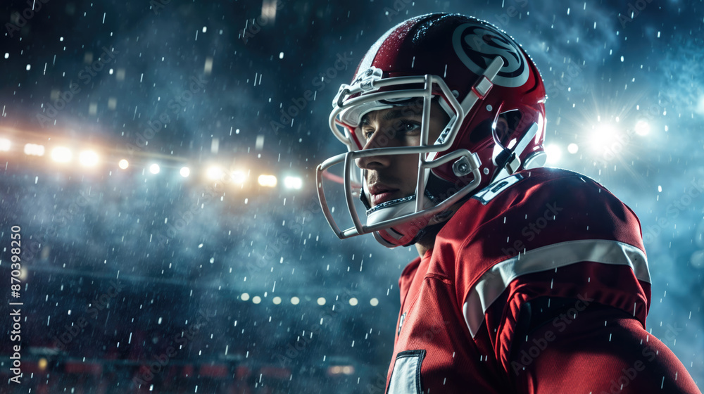 A focused American football player under stadium lights in the rain. A focused American football player under stadium lights in the rain.