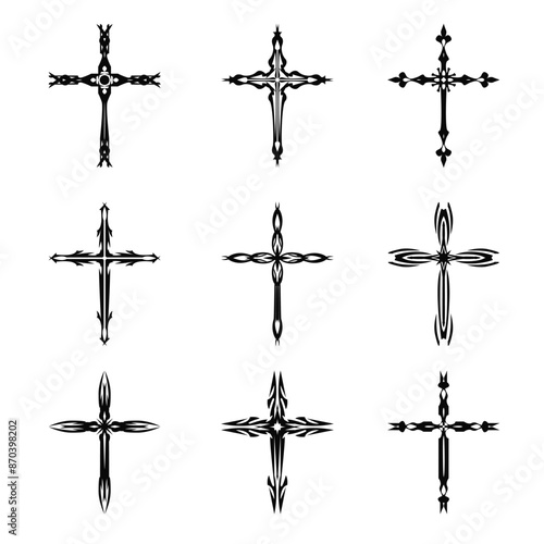 Christian cross vector icon symbols.  Abstract christian religious belief or faith art illustration for orthodox or catholic design. The symbol of the cross in various designs used in tattoo.	