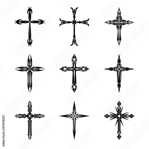 Christian cross vector icon symbols.  Abstract christian religious belief or faith art illustration for orthodox or catholic design. The symbol of the cross in various designs used in tattoo.	