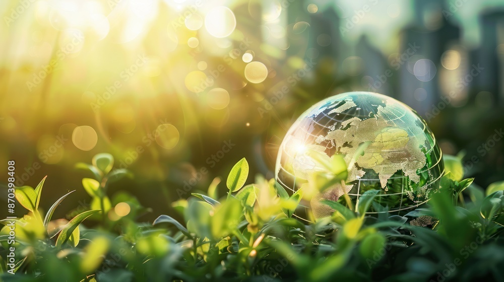A glass globe sits on vibrant green foliage with a glowing city skyline in the background, symbolizing environmental sustainability and global awareness. A glass globe sits on vibrant green foliage with a glowing city skyline in the background, symbolizing environmental sustainability and global awareness.