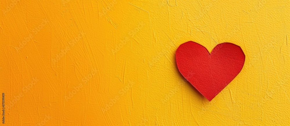 Valentine's Day card featuring a red paper heart set against a vibrant yellow backdrop, creating a cheerful copy space image. Valentine's Day card featuring a red paper heart set against a vibrant yellow backdrop, creating a cheerful copy space image.
