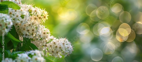 A corymb of spirea blossoms in bloom during spring with a blurred green background on the left side, featured in the right half of the copy space image. photo