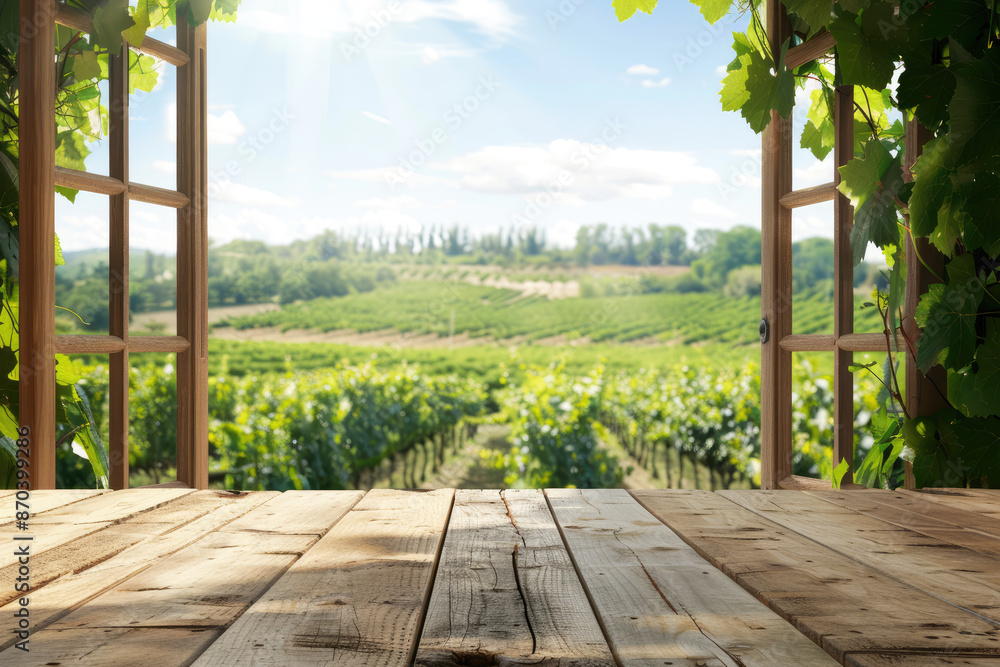 wooden table with vineyard view through open window wooden table with vineyard view through open window