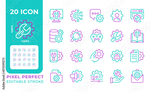 Setup and settings two color line icons set. Computer configuration. Personalization. Save changes bicolor outline iconset isolated. Duotone pictograms thin linear. Editable stroke