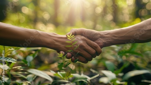 Close-up view of two hands shaking in a lush green forest, symbolizing partnership, unity, and environmental conservation.