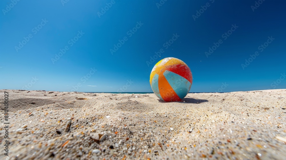 Obraz premium Sunny Day Fun: Beach Ball Rolling on Sand - Worm's Eye View with Vibrant Colors and Clear Blue Sky