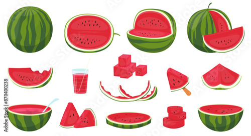 Juicy watermelon. Sweet fruit or berry. Red ripe flesh with seeds. Green peel. Tropical cocktail drink. Whole and cutting slices. Delicious cubes. Summer party vibes. Vector vegan food set