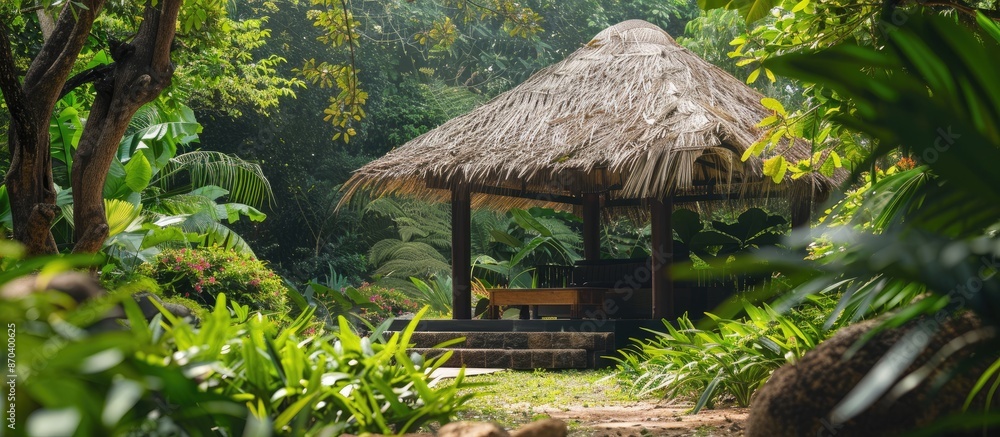 A tropical-themed hut with a thatched roof and open sides, surrounded by lush greenery and depicting a serene copy space image. A tropical-themed hut with a thatched roof and open sides, surrounded by lush greenery and depicting a serene copy space image.