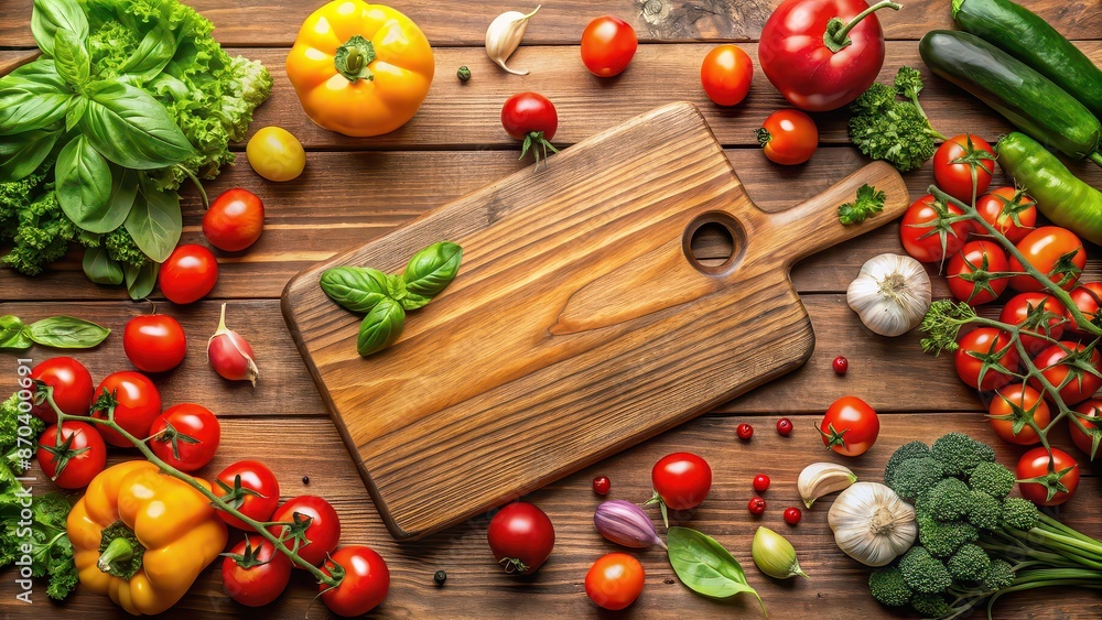 Wooden cutting board with a variety of fresh vegetables including tomatoes , food, cooking, kitchen, preparation, healthy Wooden cutting board with a variety of fresh vegetables including tomatoes , food, cooking, kitchen, preparation, healthy