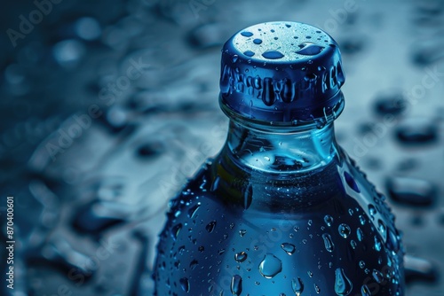 A bottle of water with a blue cap and a blue label. The water is cold and has condensation on the outside of the bottle