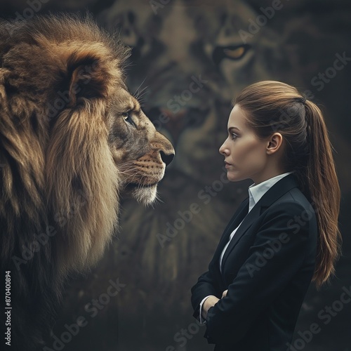 Business Woman and an old lion, face to face, Businesswoman facing the lion in the dark