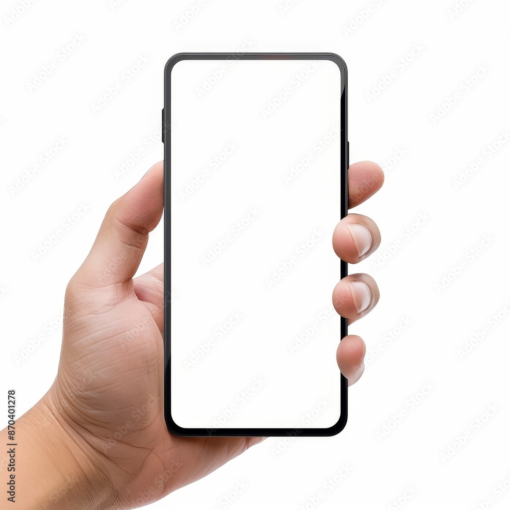 custom made wallpaper toronto digitalA hand holding a horizontal mockup phone screen with a minimalist design, blank screen facing forward, isolated on a white background.