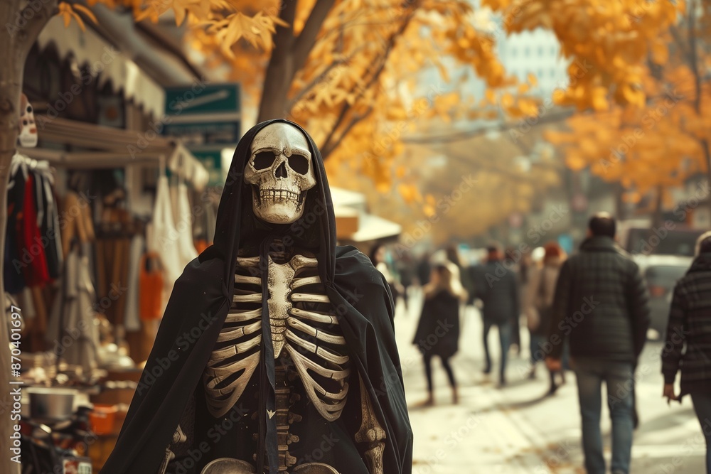 Grim Reaper Costume on Busy Autumn Street, Halloween Horror Celebration Costume Concept Grim Reaper Costume on Busy Autumn Street, Halloween Horror Celebration Costume Concept