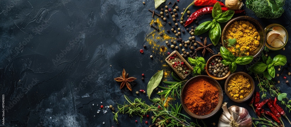 Assortment of spices, herbs, and veggies for cooking on a black slate table background. Top-down view with space for adding images. Copy space image. Place for adding text and design Assortment of spices, herbs, and veggies for cooking on a black slate table background. Top-down view with space for adding images. Copy space image. Place for adding text and design