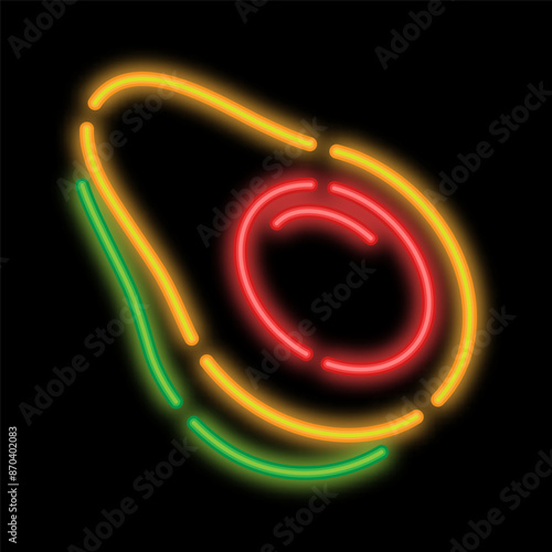 Neon glowing avocado fruit cut in half with seed in middle. Exotic avocado  fruit. Glowing neon icon isolated on black background