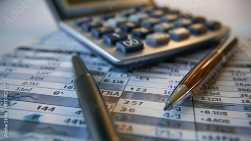 Close-up of financial documents with a calculator and pen, representing financial planning, accounting, and business analysis.