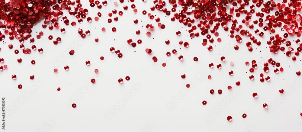 An isolated composition on a white background featuring a red beaded border with confetti, suitable for various celebrations, with a flat lay view and copy space image. An isolated composition on a white background featuring a red beaded border with confetti, suitable for various celebrations, with a flat lay view and copy space image.