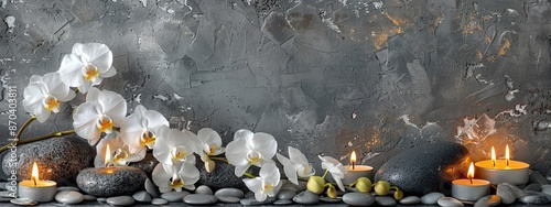 Photo of a stack of grey stones and a white orchid flower on a table with candles against a green wall background, banner for spa, wellness or beauty concept