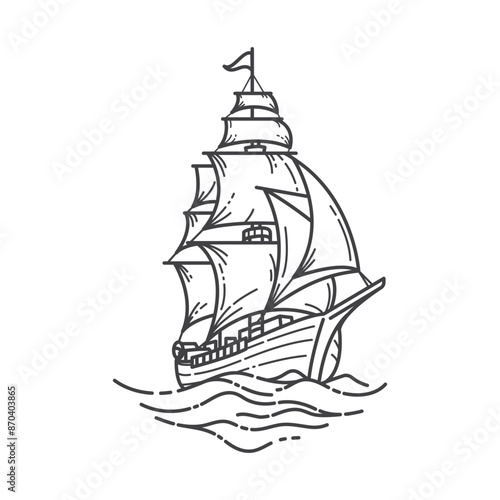 Line art of sailing ship at sea