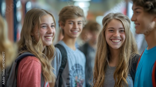 High school students joyfully reuniting with friends in the  hallway.