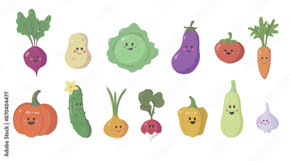 Set of vegetables characters. Fresh healthy vegetarian food. Farm harvest for shops. Funny characters for kids designs. Vector illustration in cartoon style Set of vegetables characters. Fresh healthy vegetarian food. Farm harvest for shops. Funny characters for kids designs. Vector illustration in cartoon style