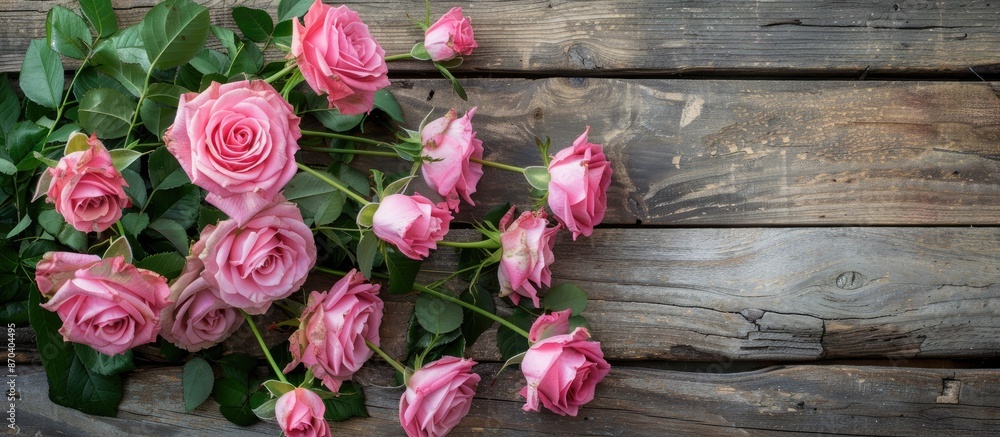 Pink roses arranged beautifully on a rustic wooden table with ample copy space image for text or designs. Pink roses arranged beautifully on a rustic wooden table with ample copy space image for text or designs.