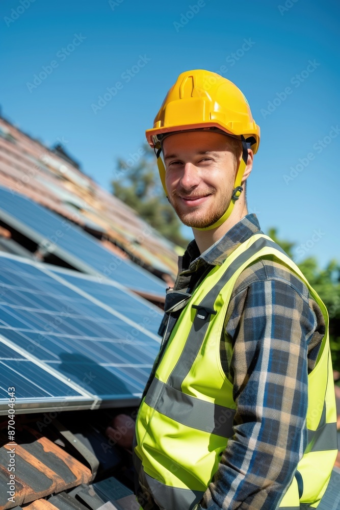 A man in a yellow hard hat and safety vest is smiling while standing on a roof. He is likely a construction worker or a solar panel installer. Concept of confidence and positivity A man in a yellow hard hat and safety vest is smiling while standing on a roof. He is likely a construction worker or a solar panel installer. Concept of confidence and positivity