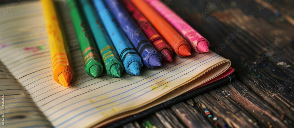 Colorful crayons scattered on a blank notebook, with ample copy space image. Colorful crayons scattered on a blank notebook, with ample copy space image.