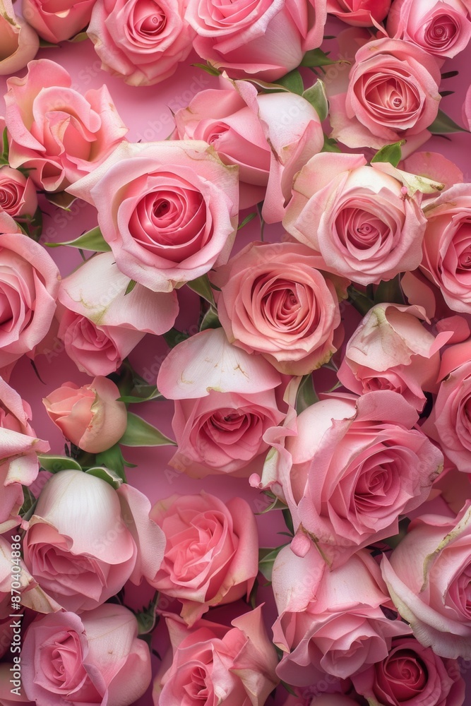 A close up of pink roses in a bouquet. The roses are arranged in a way that they are overlapping each other, creating a sense of depth and texture. Scene is one of beauty and elegance