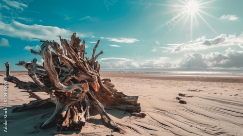 Serene Beach Art: Driftwood Sculpture Bathed in Midday Sunlight