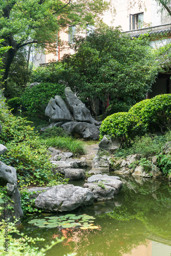 Chinese traditional stone garden. Green plants and rocks