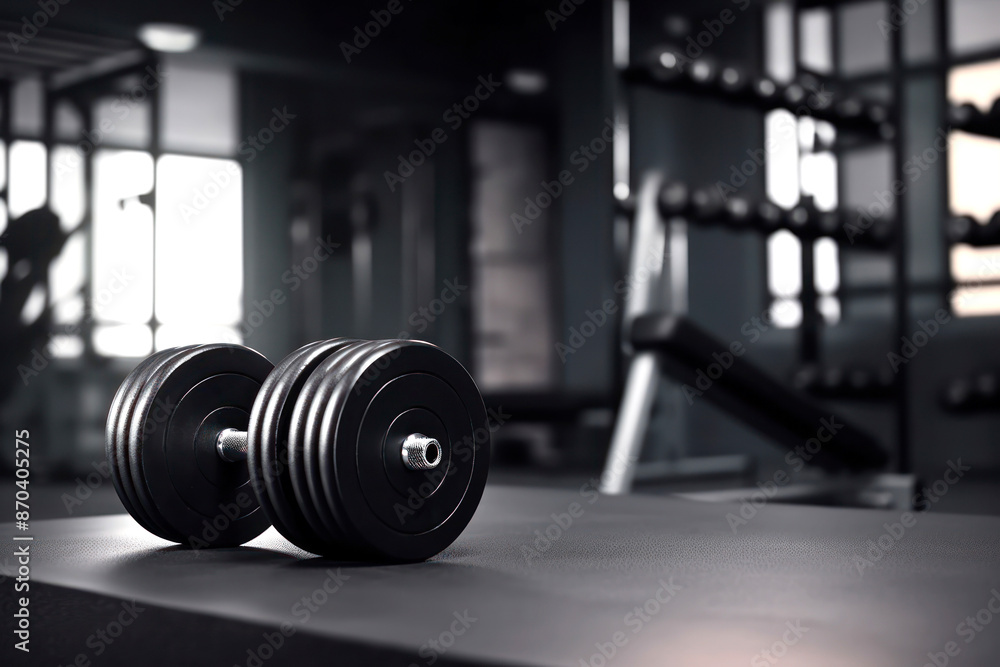Fototapeta premium Single dumbbell on gym floor in sunlight...