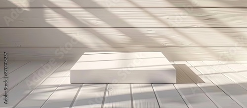 Top view of a white square podium mockup in bright lighting with shadows against a soft white wooden background, ideal as a template for showcasing cosmetic products and designs with copy space image.