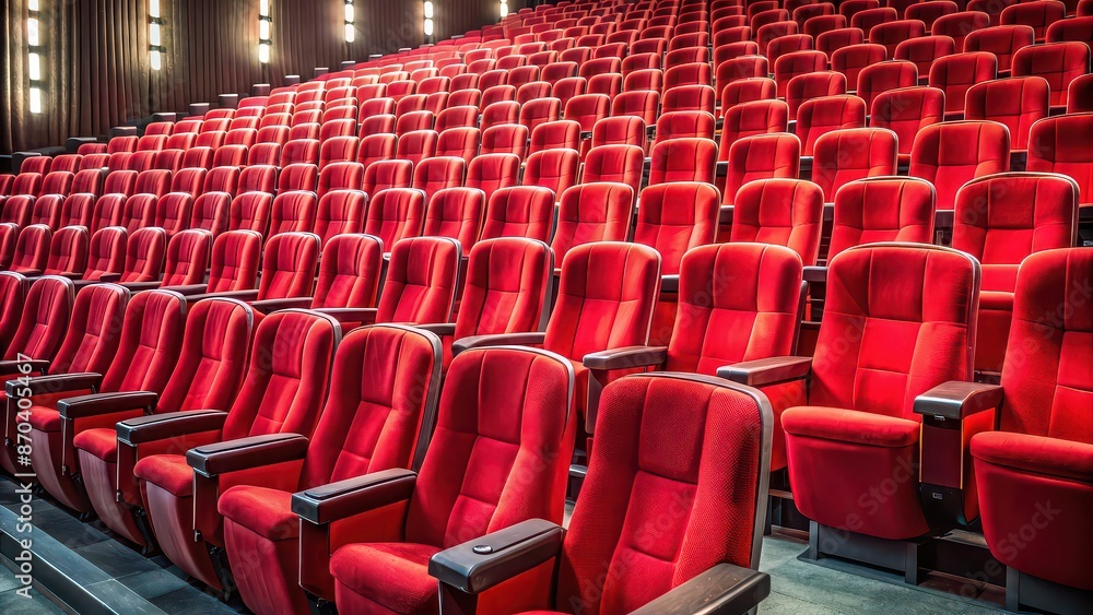 Naklejka premium Empty red movie seats in a theater , theater, cinema, chair, red, empty, rows, audience, film, entertainment, show, seating