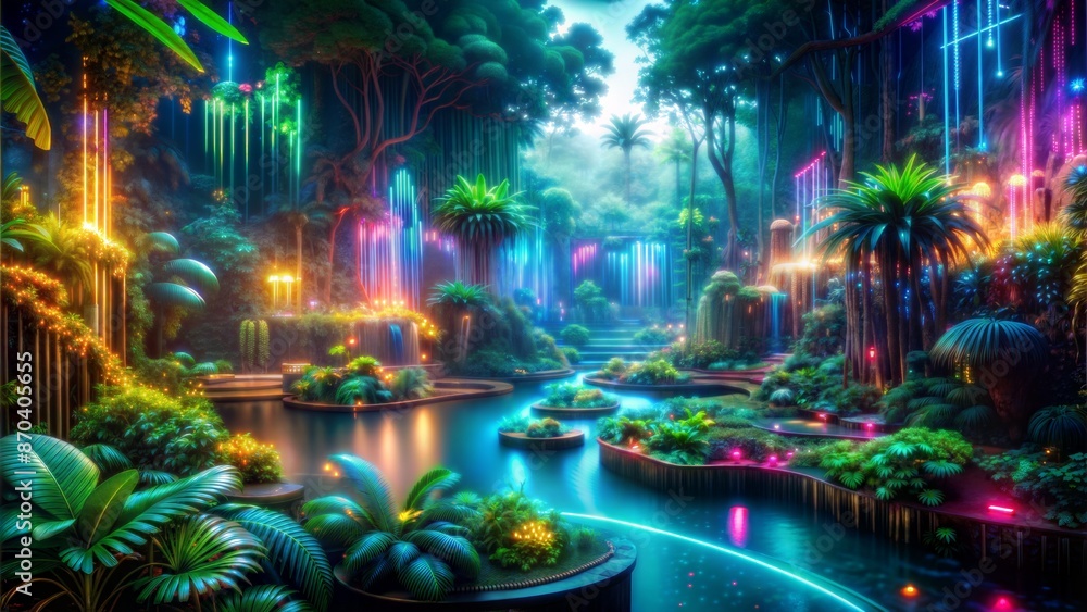 A neon-lit jungle with glowing flora and fauna, where the trees are circuit boards and the rivers flow with liquid light A neon-lit jungle with glowing flora and fauna, where the trees are circuit boards and the rivers flow with liquid light