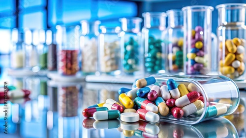 Close-up of pharmaceutical tablets and capsules in a laboratory setting, medicine, healthcare, industry