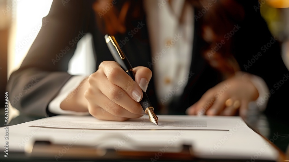 Close-up of a woman signing a document with a fountain pen, emphasizing professionalism and precision in a corporate environment.
Close-up of a woman signing a document with a fountain pen, emphasizing professionalism and precision in a corporate environment.