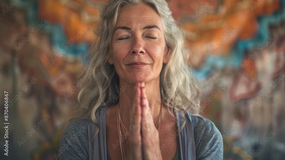 Meditation Teacher: Senior Woman Leading a Yoga Class in Deep Meditation