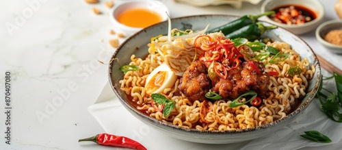 Fork up some delicious Indomie Goreng noodles for a meal with a copy space image.